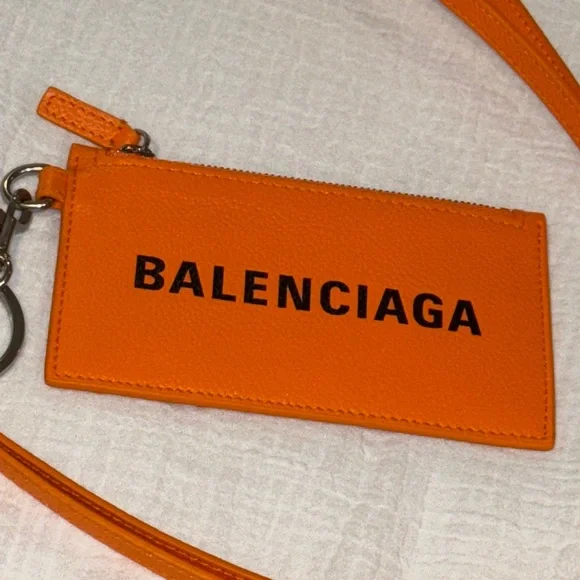 New $395 Balenciaga Calfskin Logo Cash Coin Holder Keychain in Orange! GIFT - Picture 2 of 7